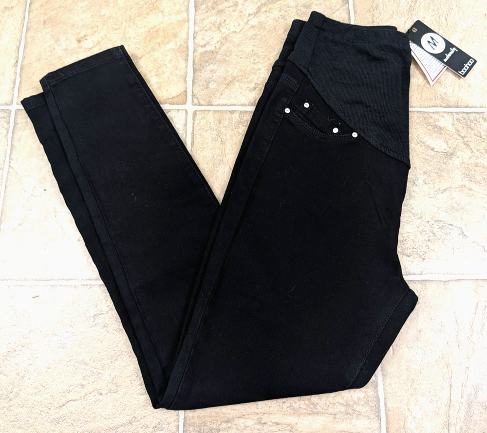New Boohoo Maternity sz 4 Skinny Jeans black stretchy knit belly band 4553